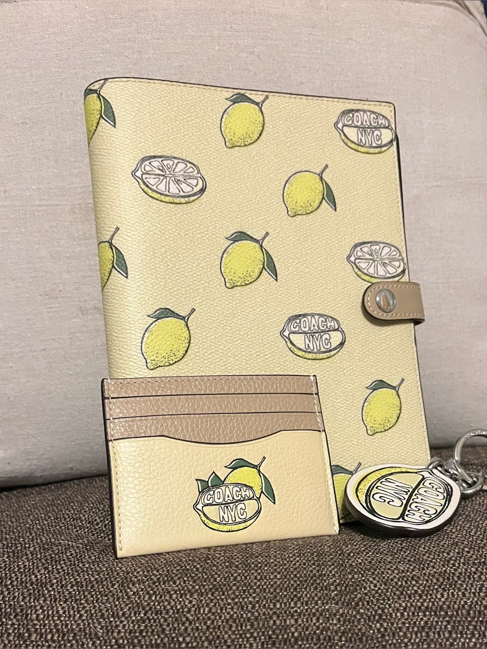 Coach Lemon Print Leather Notebook Cover Set in Yellow and Tan